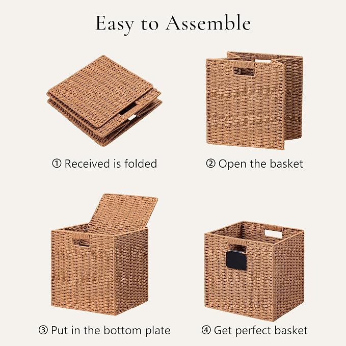 UBBCARE 2 Pack Wicker Basket, 10.5×10.5 Storage Cubes with Label, Foldable Cube Storage Bin with Handle, Square Storage Basket for Shelves, Woven Paper Rope Basket for Organizing, Caramel - Image 7