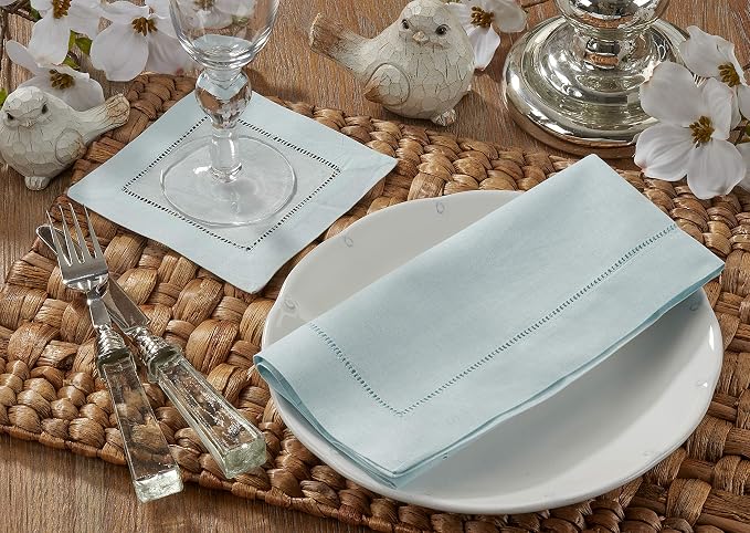 SARO LIFESTYLE Hemstitched Cloth Napkins (Set of 4) - Linen Blend Fabric Napkins for Weddings, Parties, Holiday Dining & Everyday Table Décor, 20"x20", Aqua - Image 2