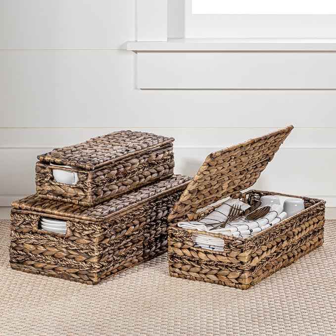 happimess Sandrine 3-Piece Hyacinth Storage Baskets with Lids, Brown | Handwoven Seagrass Wicker, Farmhouse Nesting Containers with Handles, Iron Metal Frame, Decorative Organizer Bins - Image 6