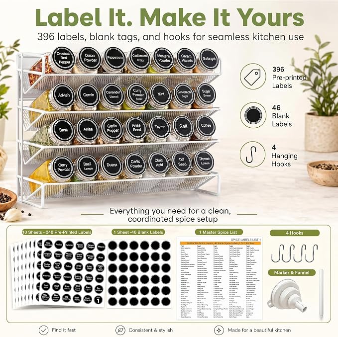 Magnetic Spice Rack Organizer for Refrigerator with 28 Spice Jars, 386 Spice Labels, 4 Hook, Chalk Marker and Funnel Set, Magnetic Shelf for Seasoning Organizer, 13.2'' W x 9.8 H, White - Image 6