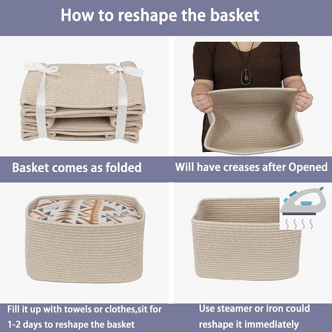 XUANGUO Woven Cotton Rope Storage Baskets 15x10x9.3" 3 Pack Oatmeal | Decorative rectangular storage baskets for shelves and closets; storage bins organize clothes, toys, books and nursery items - Image 7