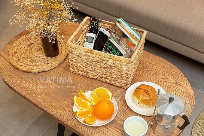 Large Wicker Basket Rectangular with Wooden Handles for Shelves, Water Hyacinth Basket Storage, Natural Baskets for Organizing, Wicker Baskets for Storage 14.5 x 10.3 x 7.5 inches - 3 Pack - Image 9