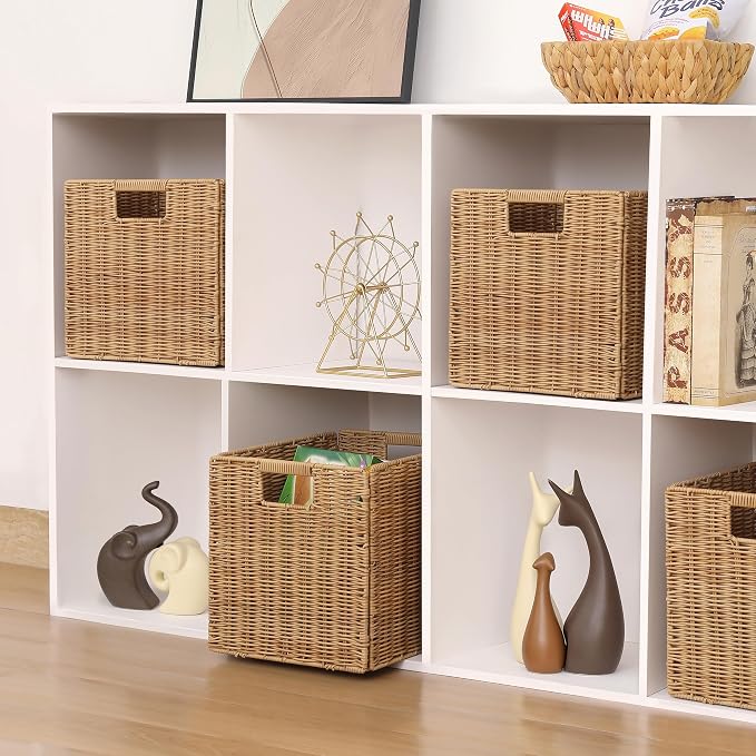 10.5 x 10.5 in Plastic Wicker Baskets for Cube Storage, Collapsible Square Wicker Storage Basket Set of 3, Rattan Storage Cube, Square Baskets for Shelves - Khaki - Image 7