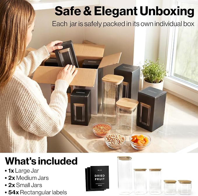 Glass Pantry Storage Jars Containers with Bamboo Lids and Labels - Set of 5 | Extra Thick Square Glass Canisters with Bamboo Wood Lids and 54 Pre-printed Pantry Labels keeps dry Goods Fresh and Organized - Image 9