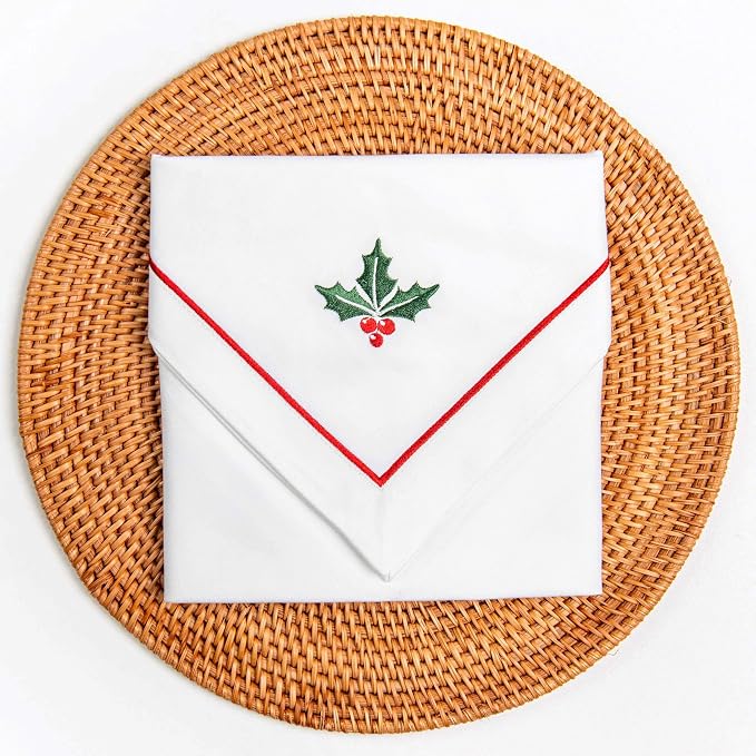 Hofdeco Premium Classic Christmas Holiday Cotton Cloth Napkins Set of 4, Washable Dinner for Christmas, Events, Parties, Embroidered Holly Red Green, 20"x20" - Image 6