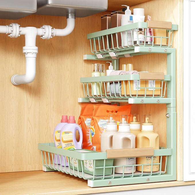 PXRACK Under Sink Organizer, 1-Pack 3-Tier Height Adjustable Thickened Metal Pull out Cabinet Organizer Shelf, Slide out Storage Drawer Rack for Bathroom Kitchen Pantry Home Organization, Green by PXRACK