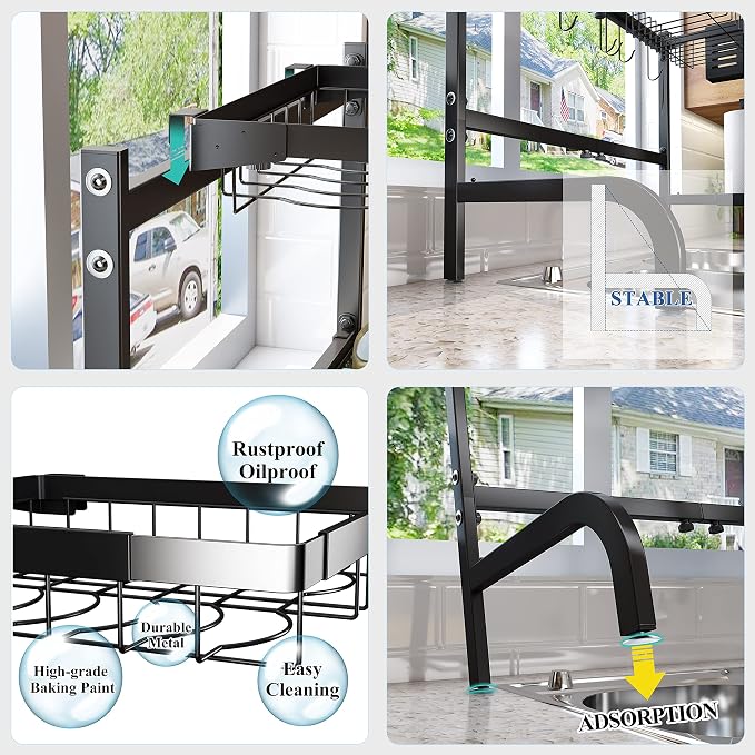Over The Sink Dish Drying Rack, Adjustable 25.5-33.5 in, 2-Tier, Black | All-in-One Large Capacity, Snap-On Design for Flexible Use, Strong Metal Frame, Non-Slip Feet, Fits Sinks Up to 33" W - Image 9