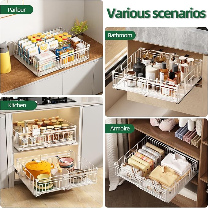 2 Pack Expandable Pull Out Cabinet Organizer, 16.5" Deep White | Pull Out Drawers for Cabinets with width from 13" to 20", Cabinet Drawers Slide Out with Upgrade 3 Slide Rails, Hold 65 lbs - Image 7