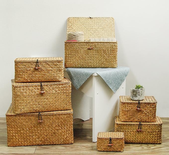 FEILANDUO Wicker Shelf Basket with Lids, Seagrass Storage Baskets Bins Rectangular Woven Baskets Boxes for Organizing Multipurpose Container Boho Home Decor Large Set of 3 - Image 9