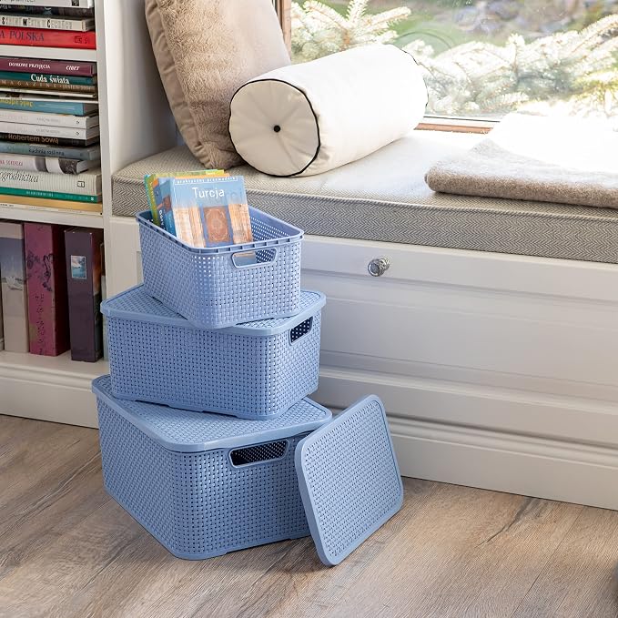BranQ Home essential Basket with Lid in Rattan Design, Set of 2, Size M, 10 L, BPA-Free Plastic PP, Denim Blue, 28.8 x 19.7 x 16.2 cm, Pack of 2 - Image 4