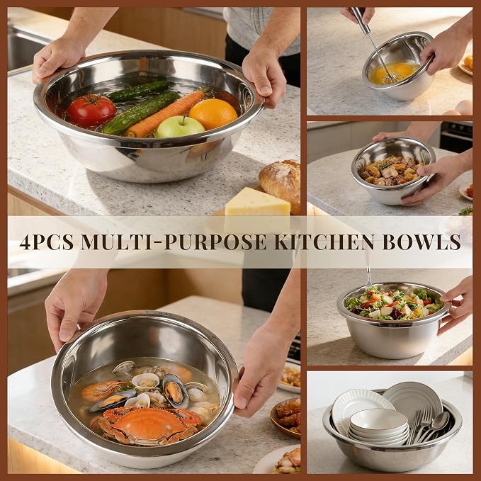 Metal Mixing Bowls Set of 4, Stainless Steel, Nesting | 1.3, 1.9, 3.5 and 7.4 qt sizes with wide rolled rims, flat bases and deep bowls for baking, dough and salad prep - Image 7