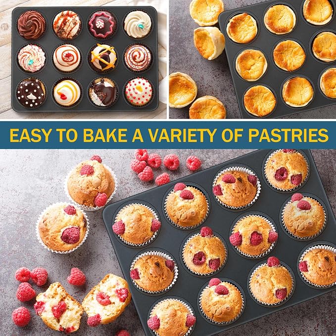 E-far Nonstick Muffin Pan 12 Cups Set of 2, Stainless Steel Muffin Tin Cupcake Pan Tray for Baking, Stainless Steel Core & Non Toxic, Easy Release & Easy Clean, Black - Image 7