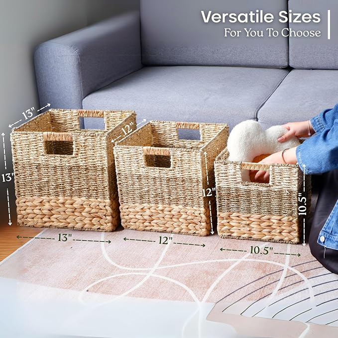 12x12 Baskets for Cube Storage, Wicker Cube Storage Bins Set 4 | 12x12x12 Storage Bins, Foldable Square Baskets For Cube Shelves, Kallax Woven Bins, Versatile Storage, Natural Water Hyacinth - Image 8