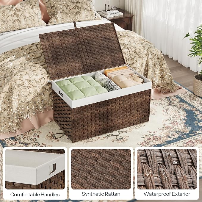 HOOBRO Storage Basket with Lid, 42.3 Gallon (160L) Wicker Basket, Handwoven Blanket Storage Basket with Handles, Metal Frame and Soft Lining, Foldable for Bedroom, Laundry Room, Brown BR216CW01 - Image 8