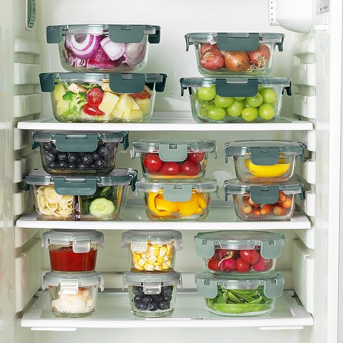 COOK WITH COLOR Premium 32-Pc. Borosilicate Glass Food Container Set with Dividers - 4 Rectangles, 8 Rounds, 4 Squares - Leakproof Lids - Meal Prep, Storage, Ombre Green - Image 7