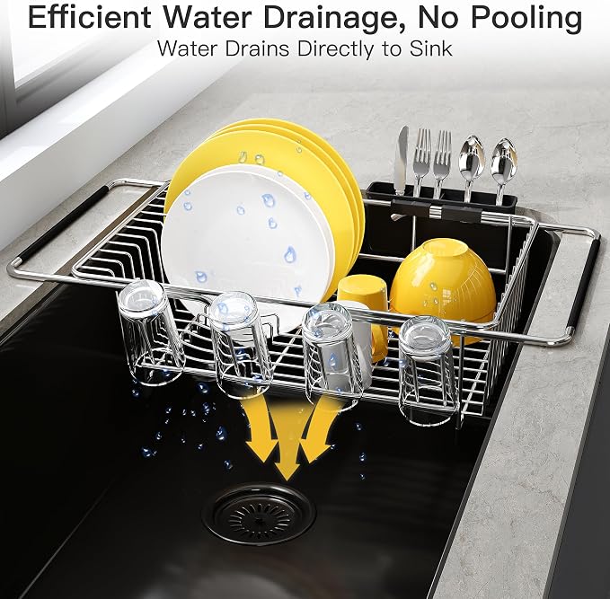 JASIWAY in Sink Dish Drying Rack with Drainboard and Utensil Holder | Use Over the Sink or Counter, Stainless Steel Expandable Dish Drainer for Small Kitchen, Space Saving, Fast Drain, Rustproof - Image 9