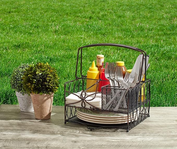 Gourmet Basics by Mikasa Loop Picnic Plate Napkin and Flatware Storage Caddy, Large Metal Organizer for Indoor and Outdoor Use, Antique Black - Image 2