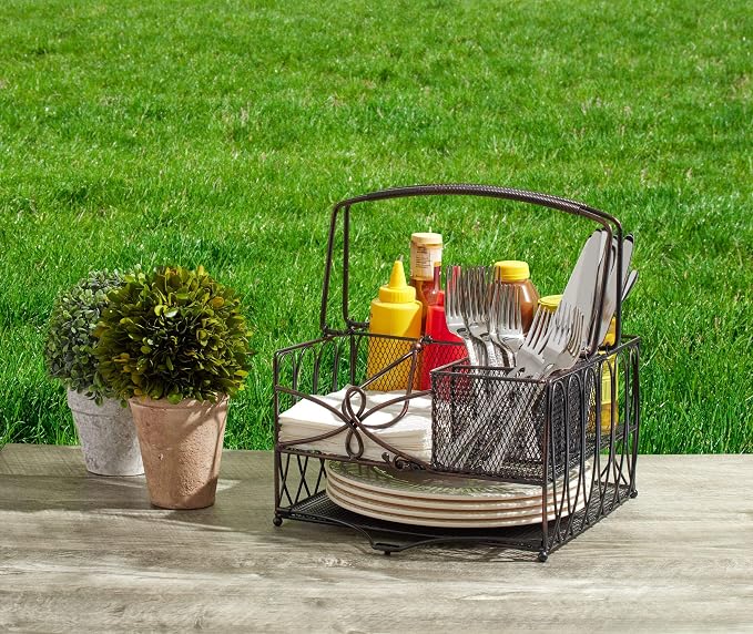 Gourmet Basics by Mikasa Loop Picnic Plate Napkin and Flatware Storage Caddy, Large Metal Organizer for Indoor and Outdoor Use, Antique Black - Image 2