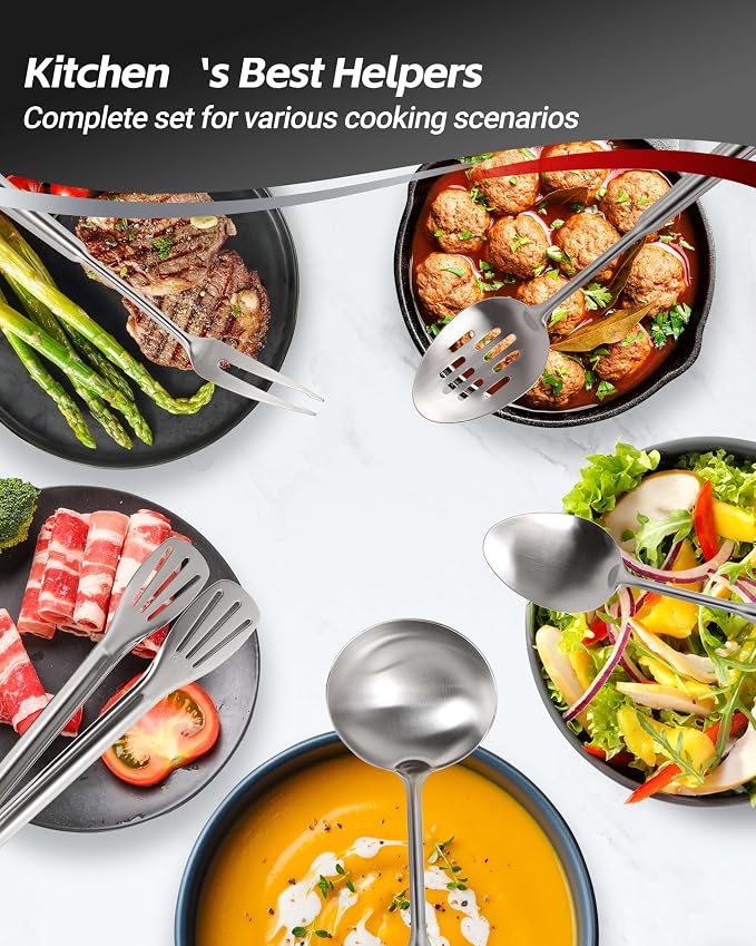 304 Stainless Steel Kitchen Utensils Set, 11PCS All Metal Cooking Tools Set with Tongs, Turner, Ladle, Skimmer & Serving Spoon, 15" Long Handle Dishwasher Safe Kitchen Utensil Starter Set - Image 9
