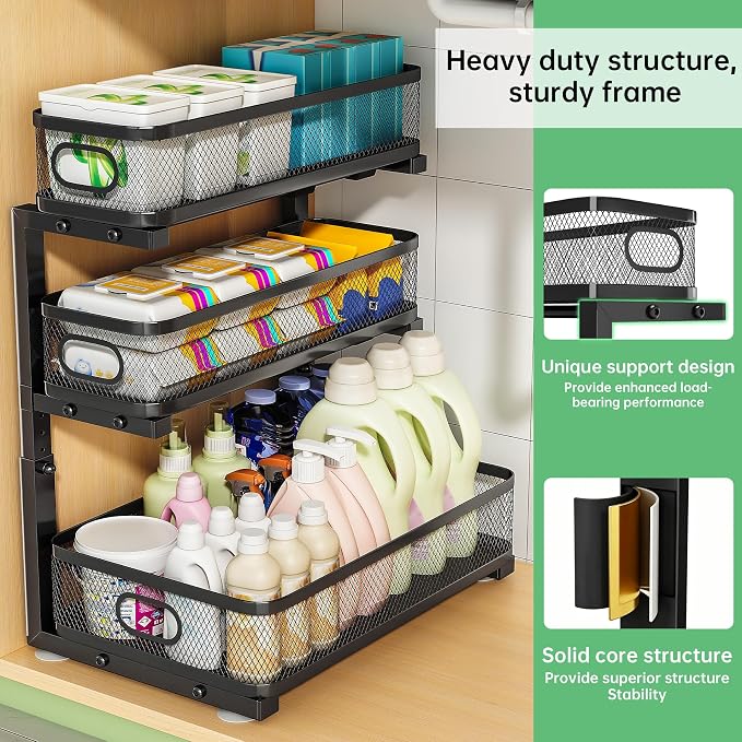 2-Pack 3-Tier Under Sink Organizer, Slide Out Cabinet Storage, Kitchen/Bath | 2-Pack Value Set, Height Adjustable, Carbon Steel Holds 60 lbs Each, Fits Kitchen & Bathroom Vanity Simultaneously - Image 9
