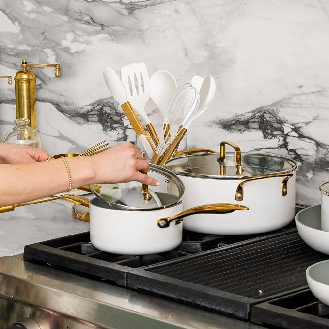 Gold Kitchen Utensils Set – 6 PC White Silicone and Gold Cooking Utensils with Spatula, Whisk, Tongs, Spoons, Cooking Tools for Nonstick Cookware – Luxury Kitchen Accessories for Home Chefs | White Silicone and Gold Cooking Utensils with Spatula, Whisk... - Image 10