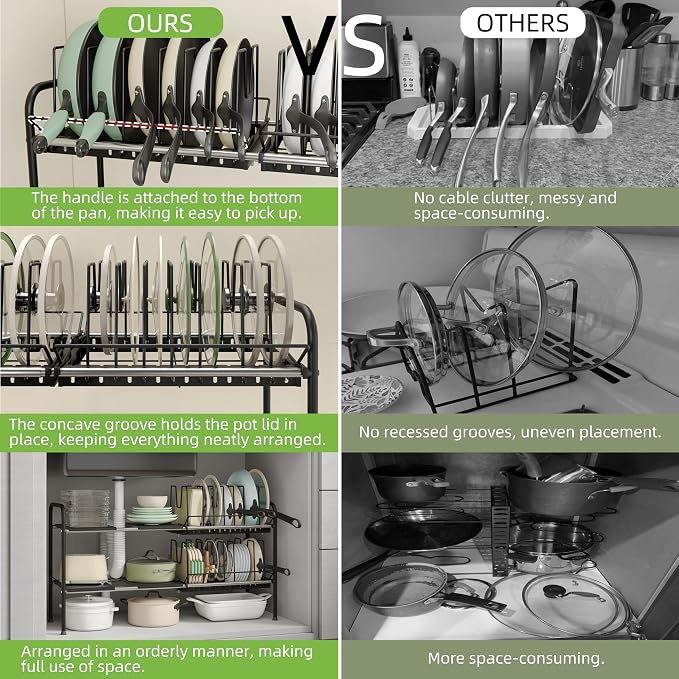 Expandable Under Sink Organizer,Pot and pan Organizer Under Cabinet | Pan Lid Organizer,Expandable Storage shelf with 2 Pan Racks(14 Dividers)and 4 Removable Panels,Adjustable partition height - Image 7