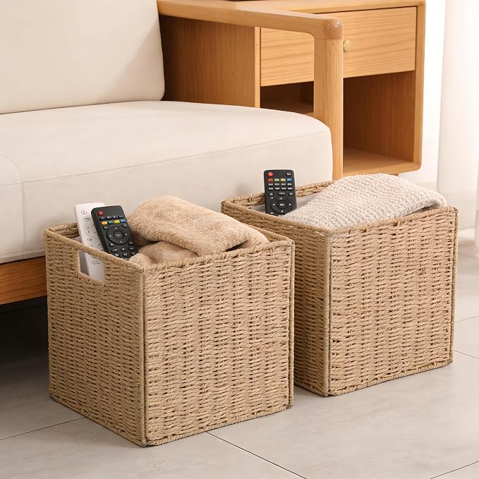 Foldable Storage Baskets with Handles, 11x11x11 Inch, 2 Pack | Paper Rope Square Storage Cubes Bins for Shelves, Living Room, Bedroom, Pantry - Image 8