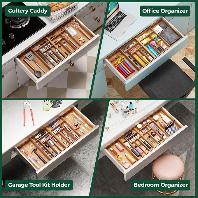 Large Silverware Organizer, 13 Slots Magnetic Connected Expandable Acacia Wood Utensil Drawer Organizer From 21 to 37.4 Inches, Adjustable Flatware and Cutlery Holder, Utensil Tray for Kitchen Natural - Image 8