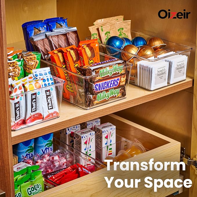 Oizeir Clear Pantry Organizer Bins 8-Pack - Fridge Organizer with 3 Removable Dividers, Ideal for Kitchen, Pantry, Refrigerator, Freezer, and Snack Storage - Image 6