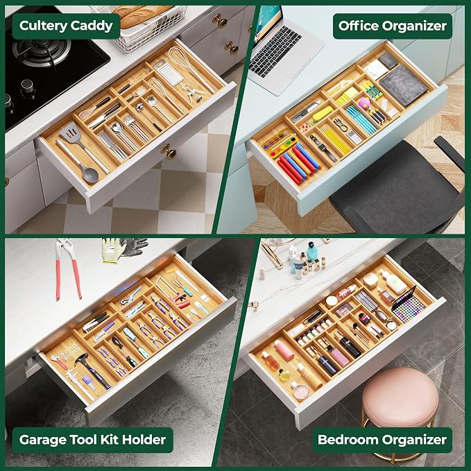 Large Silverware Organizer, 12 Slots Magnetic Connected Expandable Bamboo Utensil Drawer Organizer From 21 to 37.4 Inches, Adjustable Flatware and Cutlery Holder, Utensil Tray for Kitchen Natural - Image 8