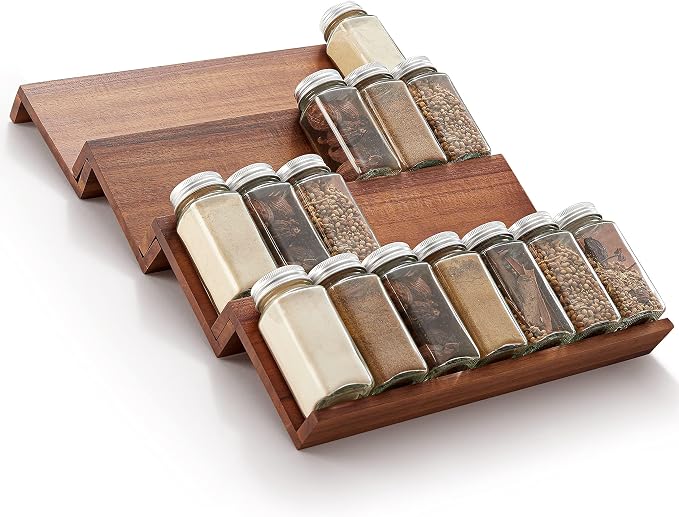 Tinamo Acacia Wooden Spice Rack Organizer for Cabinet - Spice Drawer Insert, Spice Organization for Cabinet, Seasoning Organizer, Spice Holder Pack of 4 (Acacia pack 4) | Acacia Wood Construction, No assembly Required, Stackable 4-tray Design, Spacious... - Image 6