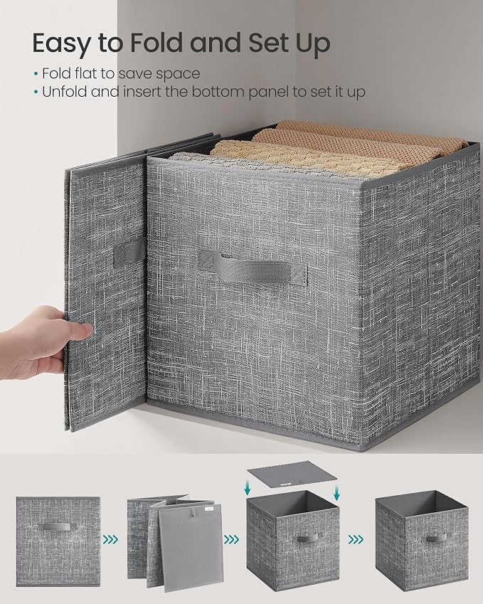 SONGMICS Storage Cubes, 13 x 13 x 13 Inches Non-Woven Fabric Bins with Double Handles, Set of 10, Closet Organizers for Shelves, Foldable, for Clothes, Cattail Gray UROB133G01 - Image 6