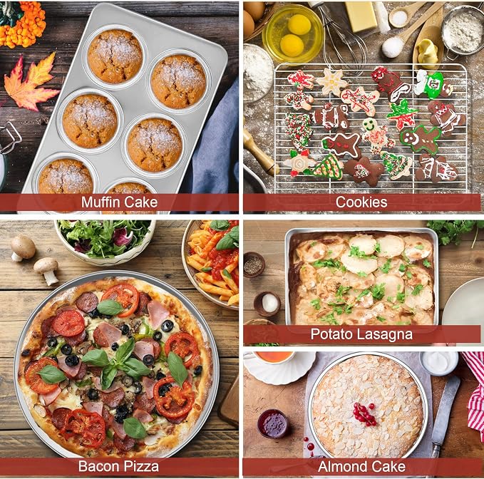 Toaster Oven Bakeware Set, E-far 6-Piece Stainless Steel Small Baking Pan Set, Include Cake Brownie Pan/Cookie Sheet with Rack/Muffin Tin/Pizza Pan, Non-Toxic & Healthy, Easy Clean & Dishwasher Safe - Image 7