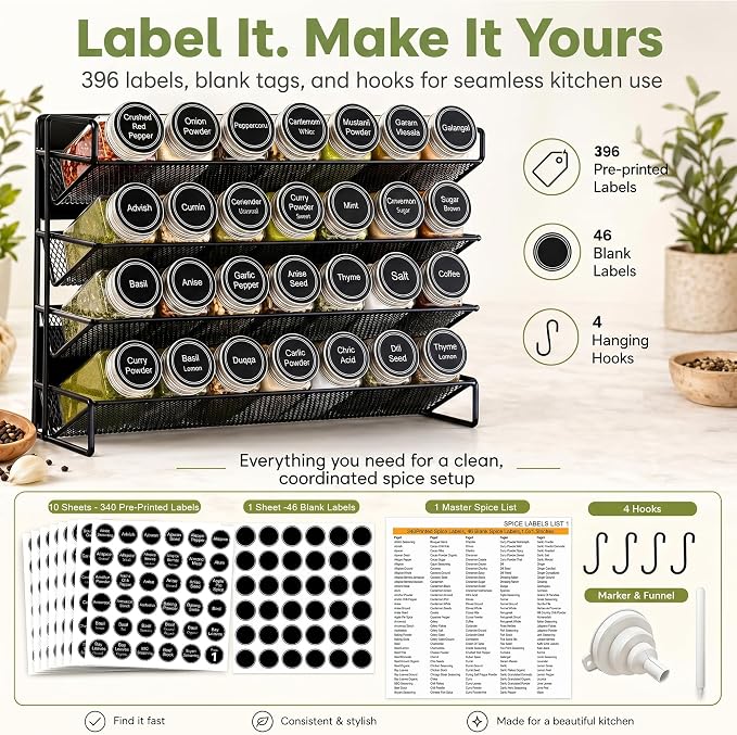 Magnetic Spice Rack Organizer for Refrigerator with 28 Spice Jars, 386 Spice Labels, 4 Hook, Chalk Marker and Funnel Set, Magnetic Shelf for Seasoning Organizer, 13.2'' W x 9.8 H, Black - Image 7
