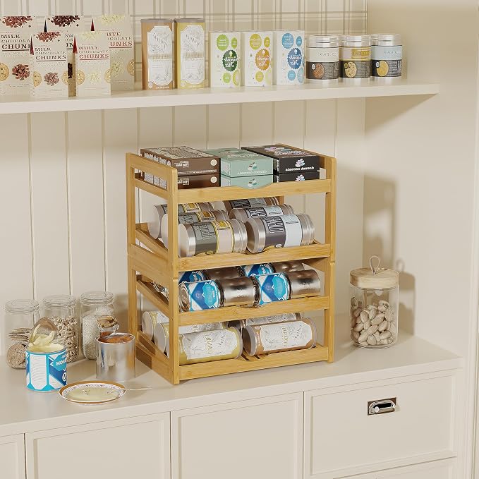 BAMBANG Can Organizer for Pantry, 4 Tier Stackable Bamboo Canned Food Storage Rack, Rolling Soda Can Dispenser Holds Up to 48 Cans, Detachable Can Organizer for Cabinet, Natural - Image 7
