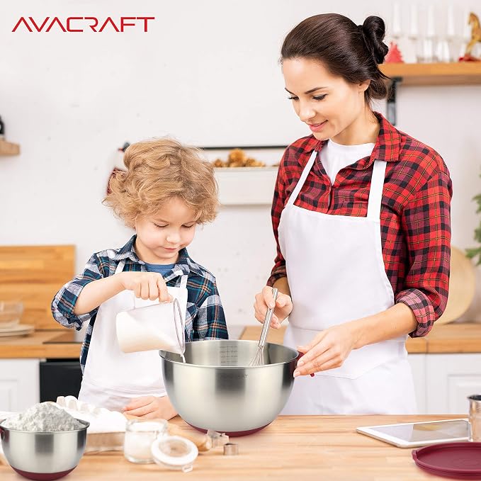 AVACRAFT 18/10 Stainless Steel Mixing Bowls with Lids, non slip silicone base bowls with Handle, Mixing Bowl Set with Pour Spouts & Measurement Marks, Home Essentials Cooking Bowls, (Red) - Image 7