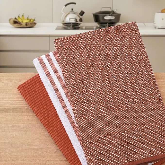 Homaxy Cotton 380 GSM Premium Kitchen Towels, 18"x 28", 3 Pack, Rust | Soft and Absorbent Terry Dish Towels, Multipurpose Tea Towel Set with Hanging Loop, 3 Styles Kitchen Hand Towels - Image 7