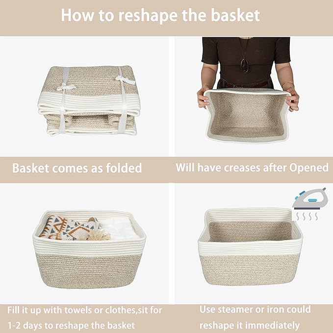 XUANGUO Woven Cotton Rope Storage Baskets 15x10x9.3" 3 Pack White and Brown | Decorative rectangular storage baskets for shelves and closets; storage bins organize clothes, toys, books and nursery items. - Image 7