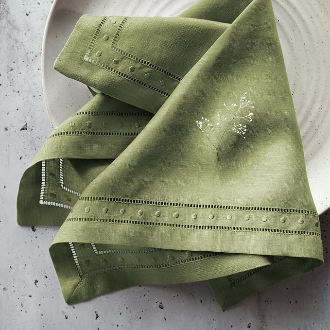 Linen Napkins 18 x 18 inch - 100% Flax Linen Olive Green Dinner Napkins with Embroidered Dot 18 x 18 inch - Hemstitch Cloth Napkins Washable for Summer and Wedding Decor - Image 6
