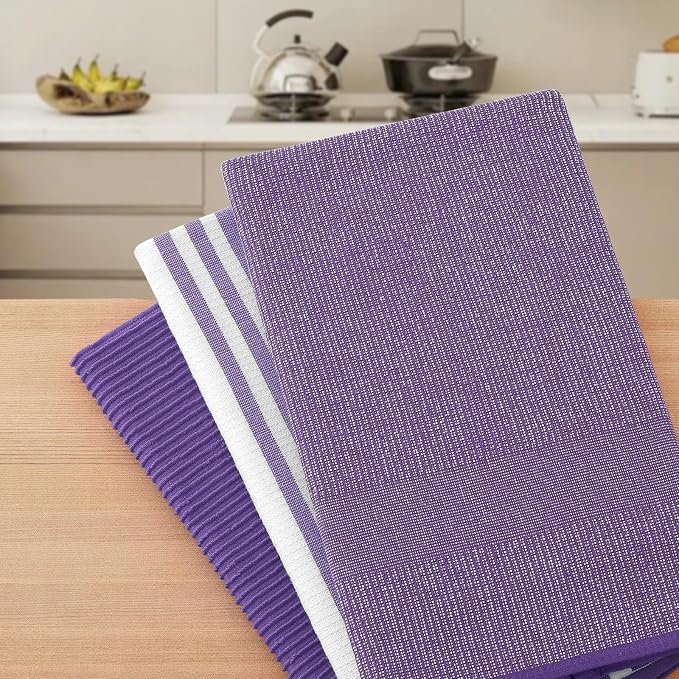Homaxy Cotton 380 GSM Premium Kitchen Towels, 18"x 28", 9 Pack, Purple | Soft and Absorbent Terry Dish Towels, Multipurpose Tea Towel Set with Hanging Loop, 3 Styles Kitchen Hand Towels - Image 7