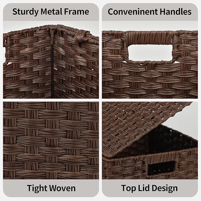 Granny Says Wicker Basket With Lid, Decorative Storage Baskets For Shelves | Woven Baskets With Lids, Wicker Baskets For Storage, Decorative Storage Boxes, Woven Stackable Basket with Lid for Organizing - Image 7