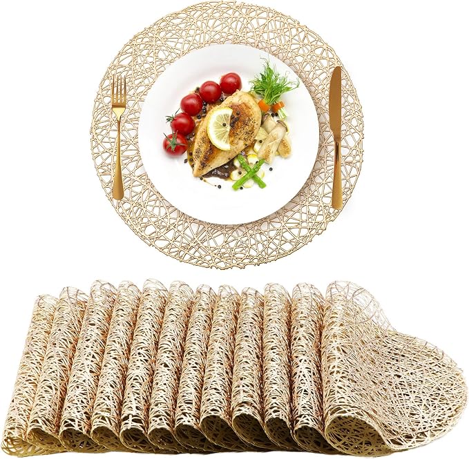 Sieral 24 Packs Gold Round Placemats 15 Inch Hollow Out Pressed Vinyl Place Mats Heat Resistant Woven Gold Placemats for Christmas Dinner Table Winter Holiday Party Wedding Centerpiece Decoration - Image 8