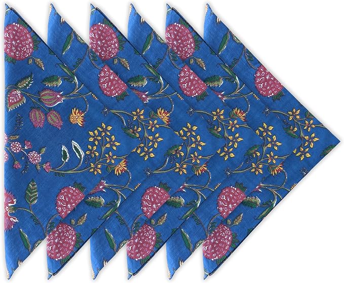 Craftbot Cotton Print Dinner Napkins 18x18 inches - Washable Cloth Napkins Set of 6 - Everyday Use or Dinner Party and Events - Blue Floral Indian Block Printed Fabric by AVKAStudio