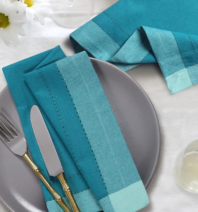 Bedding Craft Cotton Cloth Dinner Napkins Set of 12 – 20x20 Teal Multi Double Hemstitched – Machine Washable Reusable Fabric Napkins for Weddings & Dinner Tables - Image 9