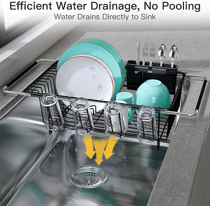 JASIWAY Black Dish Drying Rack in Sink with Drainboard and Utensil Holder | Use Over the Sink or Counter, Stainless Steel Expandable Dish Drainer for Small Kitchen, Space Saving, Fast Drain, Rustproof - Image 9
