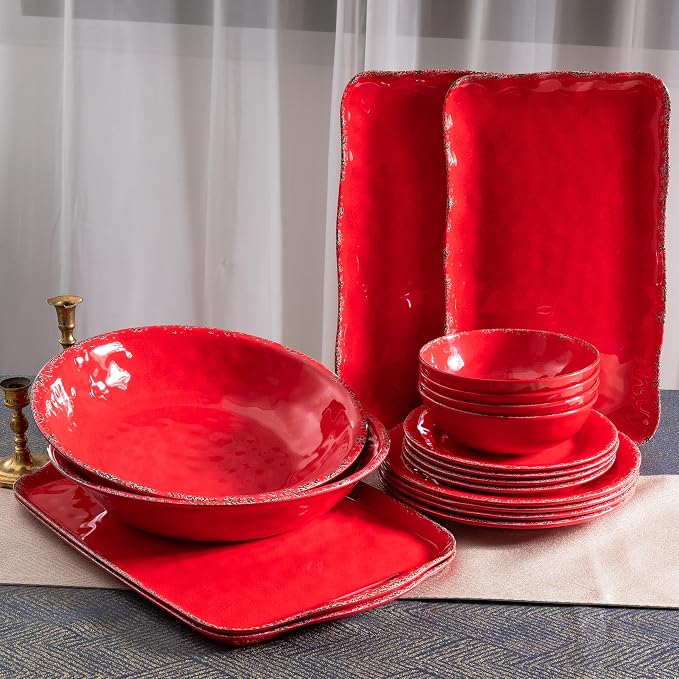 Christmas Large Melamine Serving Tray with Handle, Crackled Rustic Rectangle Melamine Serving Platter for Serving Food, Coffee Table Tray, Entertaining & Party Use, Set of 2, Christmas Red - Image 6