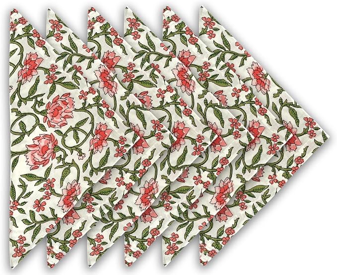 Craftbot Cotton Print Dinner Napkins 18x18 inches - Washable Cloth Napkins Set of 6 - Everyday Use or Dinner Party and Events - White Peach Indian Block Printed Fabric by AVKAStudio