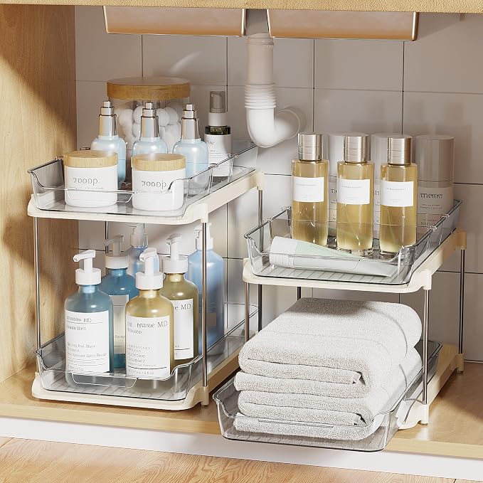 Delamu 2-Tier Multi-Purpose Bathroom Under Sink Organizers and Storage, Stackable Kitchen Pantry Organization, Pull Out Medicine Cabinet Organizer with Movable Dividers, Beige, 4 Pack - Image 8