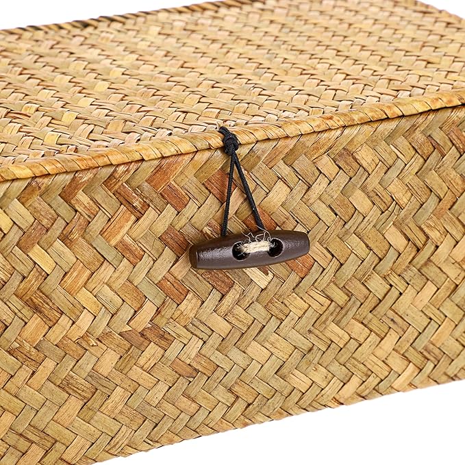 Hipiwe Small Woven Shelf Baskets Bin with Lid Seagrass Wicker Storage Box | Handmade Seagrass Basket Organizer Rectangular Household Basket Boxes for Shelf Wardrobe Home Decor, Caramel - Image 6
