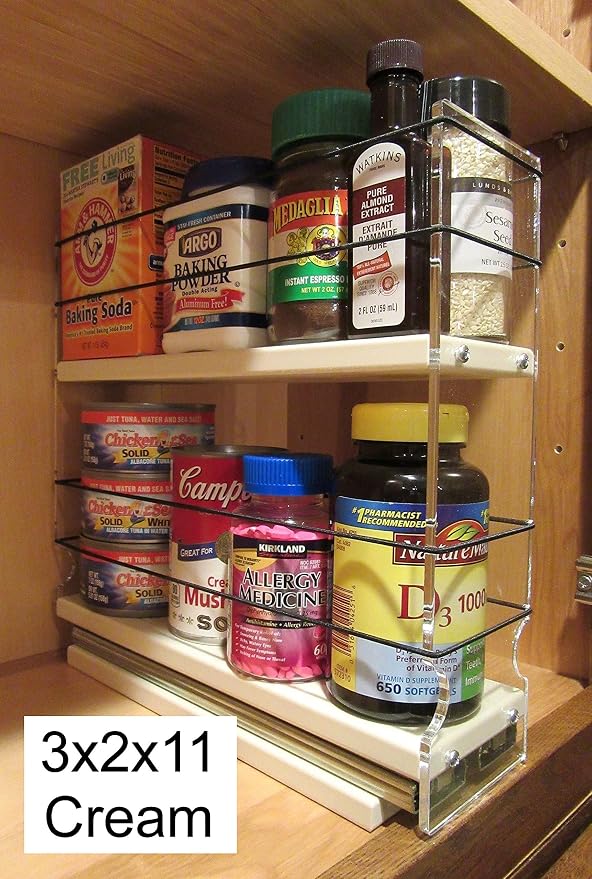 Sliding Spice Rack Organizer for Cabinets - Pull Out Shelves for Upper Kitchen Cabinets - Cabinet Organizer/Storage - USA Made - 2 Tiers - 3.45" x 10.75" x 10.6"(Cream, Assembled) - Image 8